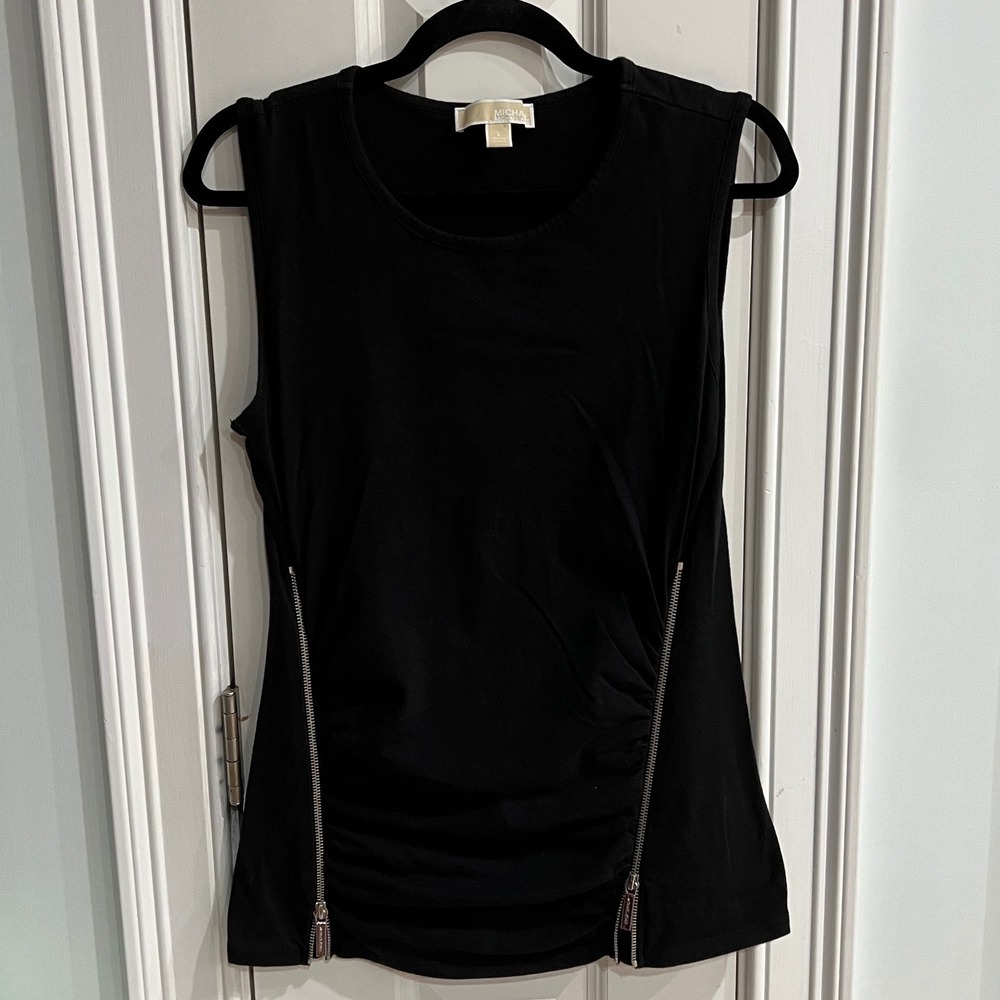 Michael Michael Kors Black Sleeveless Ruched Side Zip Top Large